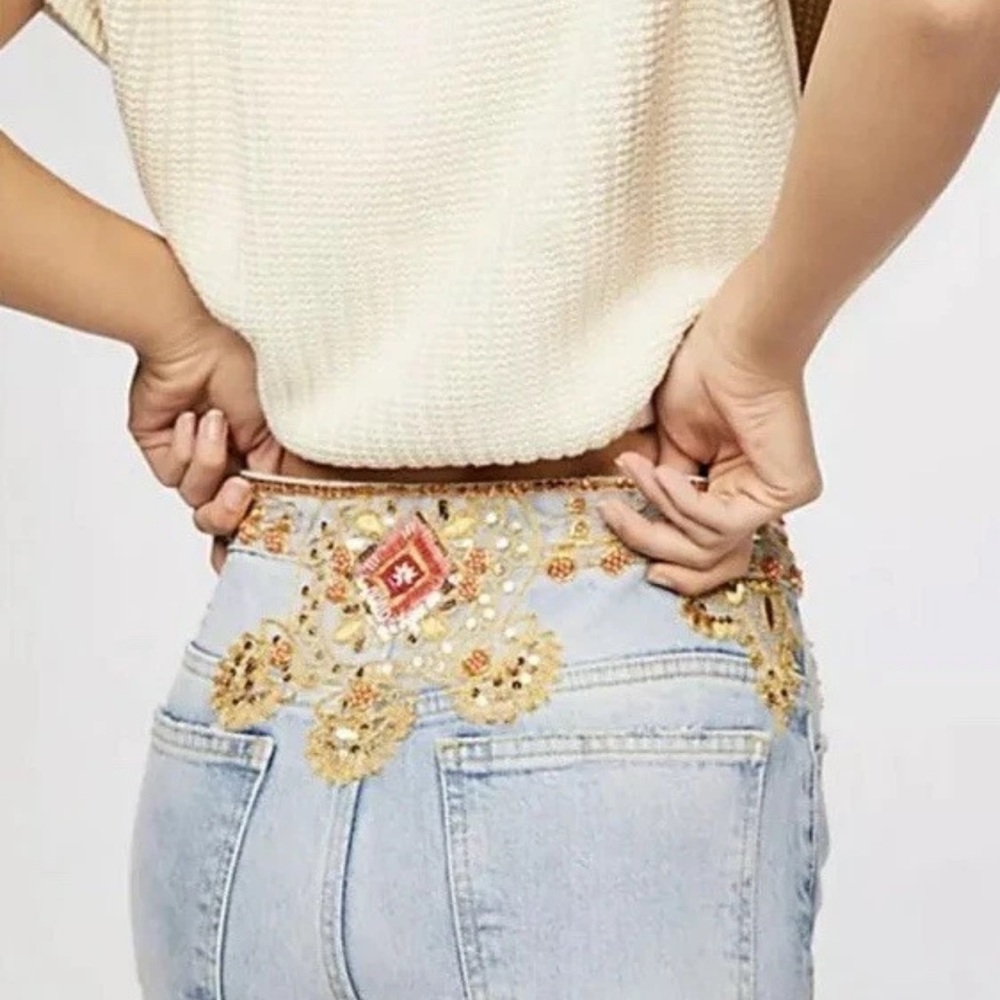 Free People Light Blue Embroidered Straight Leg Jeans